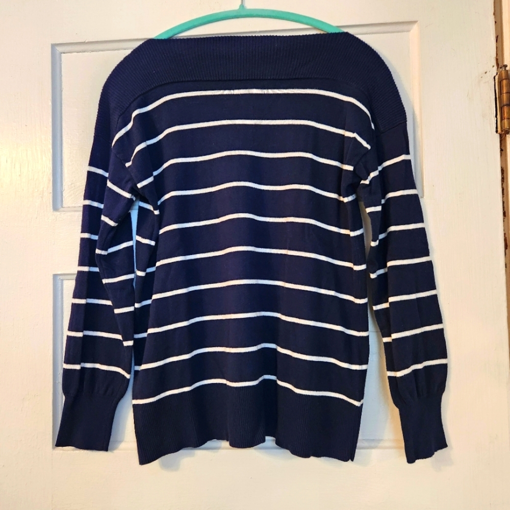 Chaps Women’s Sweater, Navy & White Striped, Sz M EUC Nautical Coastal, Stretch